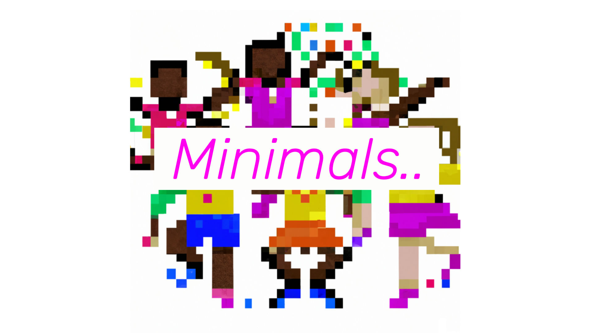 Pixelated children dancing around a playground behind the word Minimals.